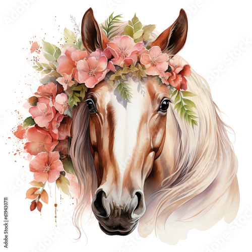 Brown horse in a floral plant spring frame, wreath with flowerson a white background. portrait, head. Watercolor. Illustration