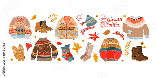 Autumn clothes and accessories flat style. Warm sweater and shoes with lettering.