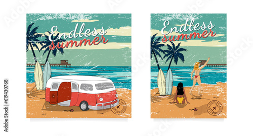 Photography Vector summer illustration cards with girls relaxing on the beach in ocean waves and a surfing car