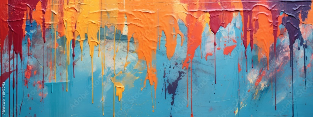 Closeup of abstract rough colorful multicolored art painting texture, with oil brushstroke, pallet knife paint on canvas, dripping color (Generative Ai)