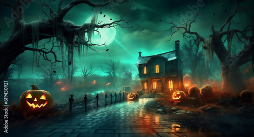 holiday dark pumpkin night halloween cemetery moon bat grave horror. Generative AI.