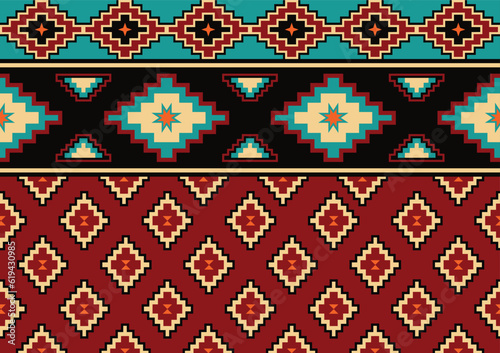 abstract ethnic seamless pattern background, black, red and green colors, geometric template for wallpaper, poster.