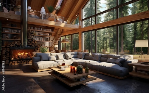 Modern Living Room Interior Design in Wooden Chalet. Generative AI