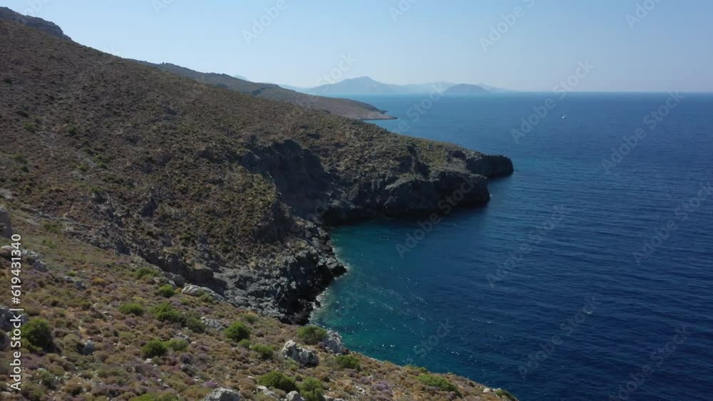 Drone shot, Dry landscape, Coast and sea, Coastline, Kalymnos, Dodecanese, Greece, Europe