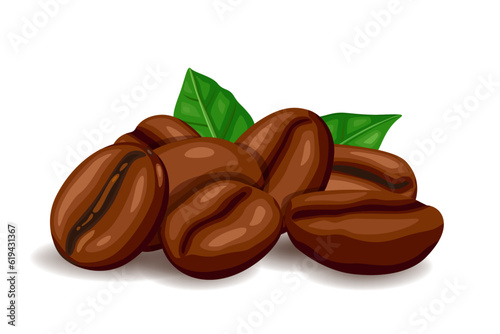 Freshly roasted coffee beans with leaves isolated on white background.