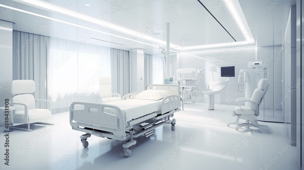 white ward interior with modern bed hospital in the style of the future. Generative AI white ward interior with modern bed hospital in the style of the future. Generative AI