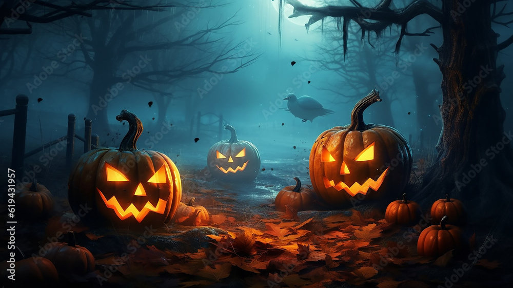 Fototapeta premium halloween background mysterious forest with pumpkins burning eyes. Generative AI