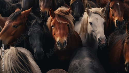 herd of horses close-up, many heads of horses background. Generative AI