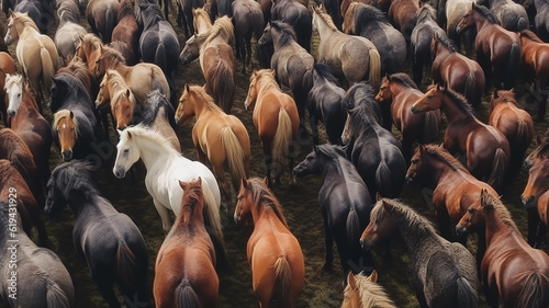 herd of horses close-up, many heads of horses background. Generative AI