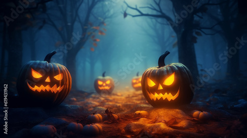 halloween background mysterious forest with pumpkins burning eyes. Generative AI