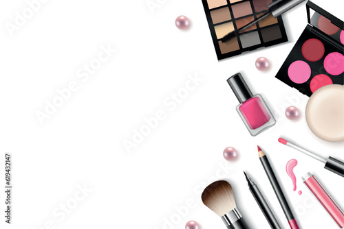 Vector make-up background with space for your text and cosmetic tools on white background from top view