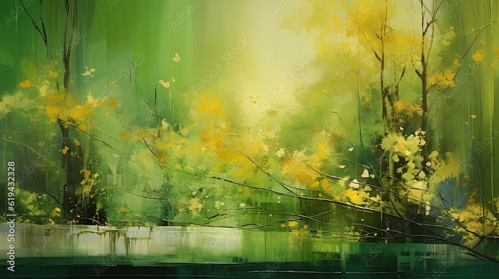 A captivating abstract artwork with layers of thick paint in shades of green and gold, reminiscent of lush forests and sunlit meadows, inviting viewers to immerse themselves. Generative AI. 