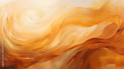 An abstract composition showcasing thick and swirling paint strokes in shades of gold and bronze, reminiscent of the radiant beauty of a sunset, capturing the essence of tranquility. Generative AI. 