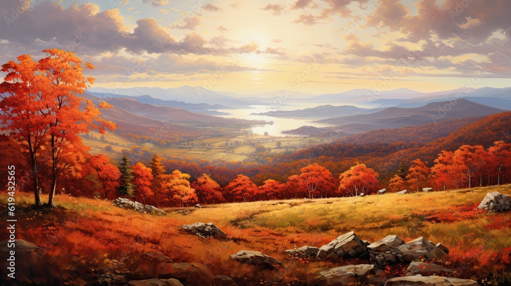 A picturesque autumn landscape with rolling hills and distant trees dressed in vibrant shades of red, orange, and gold, creating a breathtaking vista that captures the essence of fall's. Generative AI