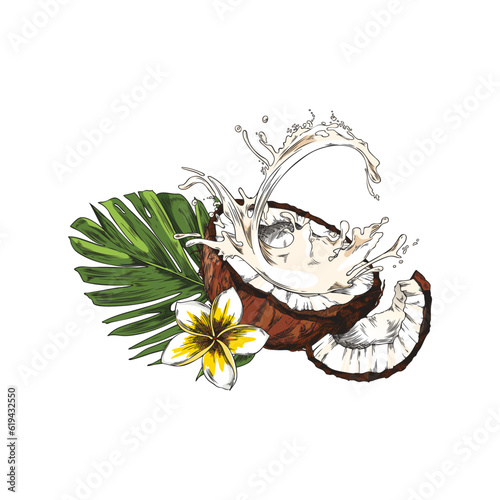 Coconut with splashing milk hand drawn sketch vector illustration isolated.