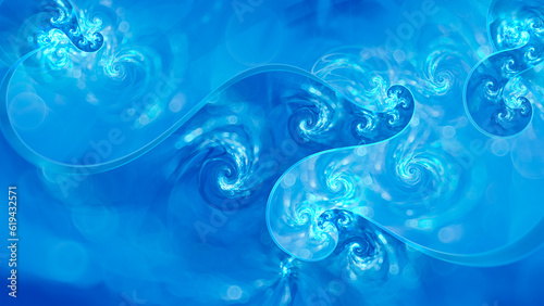 Abstract blue fractal art background resembling ocean waves.