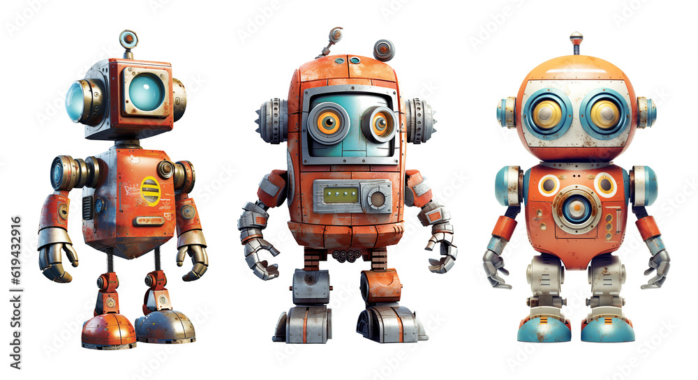 Set of cute robot toys, isolated on white or transparent. Generative AI Set of cute robot toys, isolated on white or transparent. Generative AI