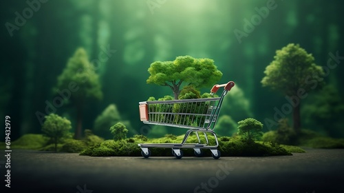 Shopping wagon cart in the forest. Eco, bio food, product, water, organic nature concept photo