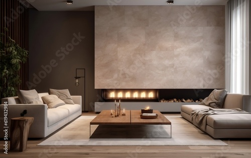 Minimalist Interior with Stone-Tiled Decorated Fireplace. Generative AI © Muhammad