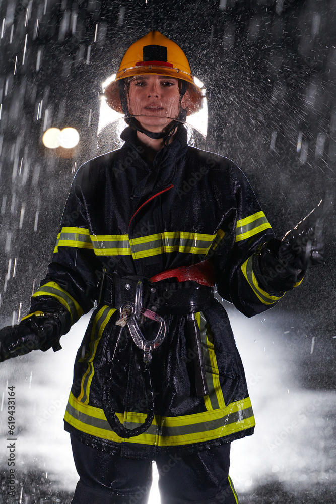 Fototapeta premium A determined female firefighter in a professional uniform striding through the dangerous, rainy night on a daring rescue mission, showcasing her unwavering bravery and commitment to saving lives.