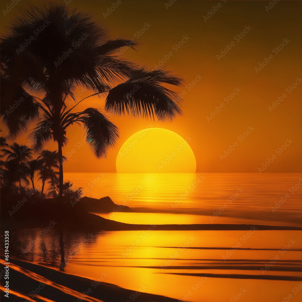 The sunset at the beach, bathed in yellow neon hues, casts a beautiful silhouette against the backdrop of coconut trees, showcasing the intricate details of nature with an insanely detailed AI image.