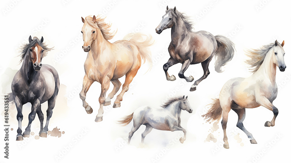 Fototapeta premium Collection of running horses on a white background watercolor drawing. Generative AI