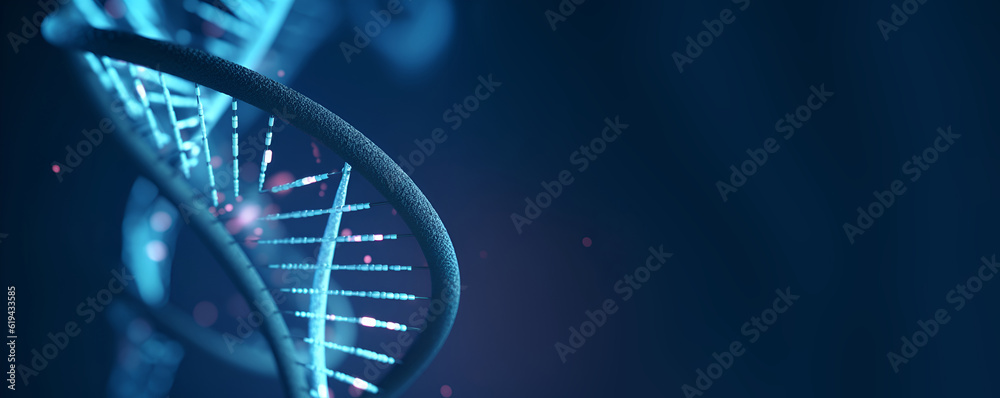 DNA molecule helix spiral on blue background with copy space