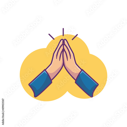 Namaste hand sign gesture vector icon illustration designed simple flat cartoon style.  Apologetic hand symbol isolated. Suitable for posters, landing pages, social media, banners. photo