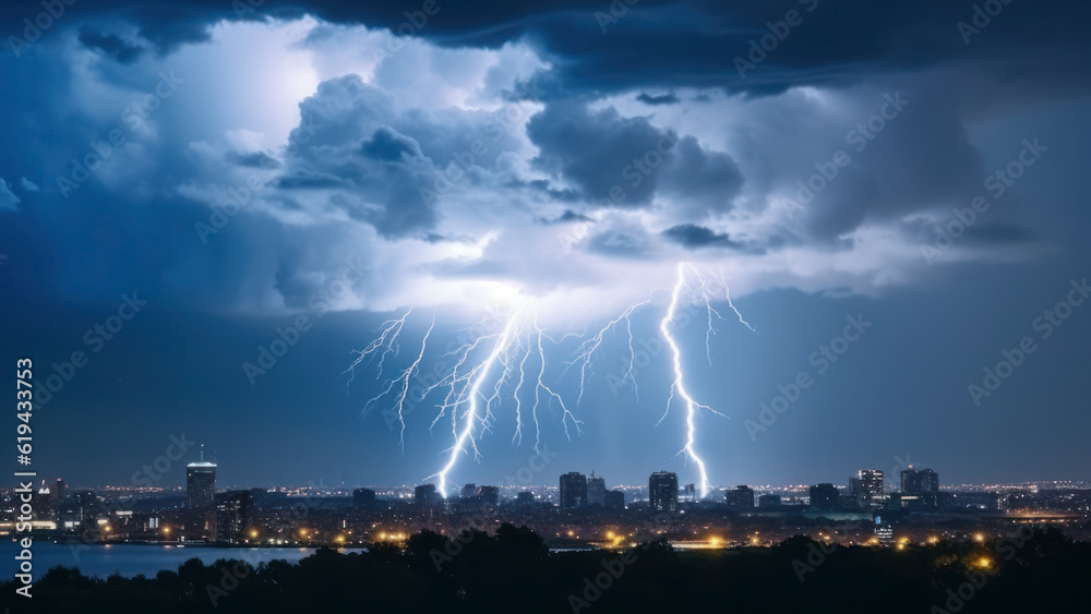 Fototapeta premium Thunder and lightning on the city. Photorealistic illustration of Generative AI.