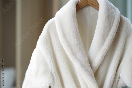 A white terry bathrobe on a hanger in a hotel room. Photorealistic illustration of Generative AI. photo