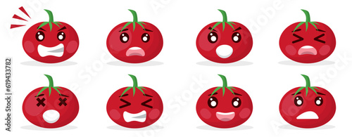 cute tomato cartoon emoji set with different facial expressions on the tomato shaped faces. angry, sad, dissapointed, laughing, happy faces. vector cartoon emoji illustration.