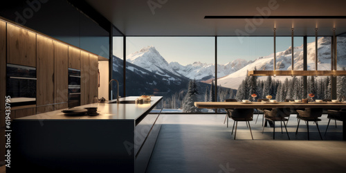 Kitchen interior of a high-tech chalet with panoramic windows and a view of the snow-capped mountains. Generative AI photorealistic illustration. © July P