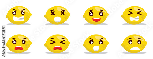 cute lemon cartoon emoji set. different emoji on the lemon shaped face. angry, sad, dissapointed, laughing, happy faces. vector cartoon emoji illustration.