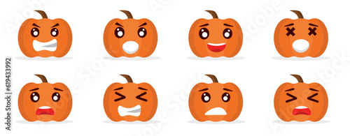 haunt halloween pumpkins emoji set with different facial expressions on the pumpkin shaped faces angry, sad, dissapointed, laughing, happy faces. emoji cartoon illustration.
