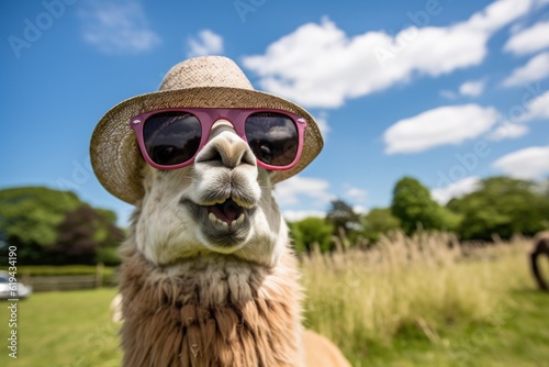 Llama wearing sunglasses and a hat