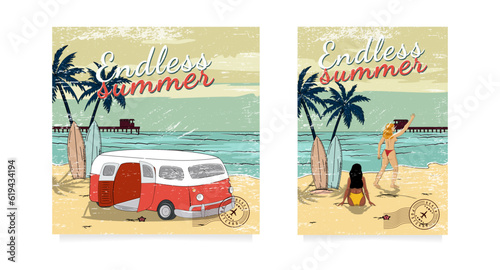 Vector summer illustration cards with girls relaxing on the beach in ocean waves and a surfing car. Retro posters set.