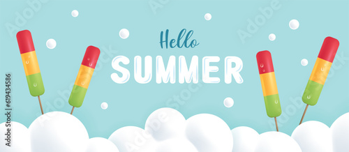 Summer banner with ice pop and cloud on blue background. Vector illustration for banner, poster, flyer, sale, invitation, discount.