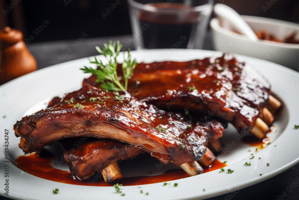 a plate of grilled ribs with barbecue sauce