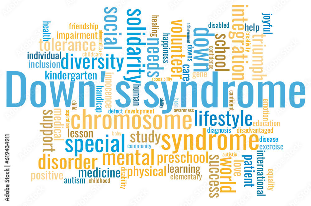 Illustration in the form of a cloud of words related to the Down's syndrome. Illustration in the form of a cloud of words related to the Down's syndrome.
