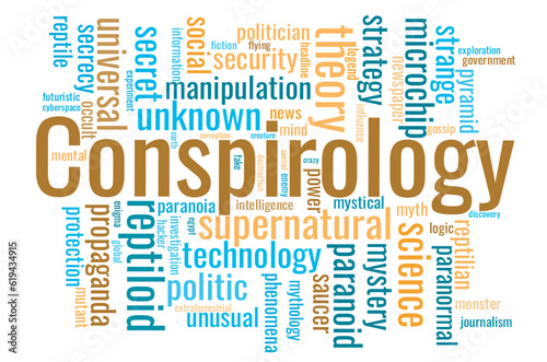 Illustration in the form of a cloud of words related to the Conspirolpgy.