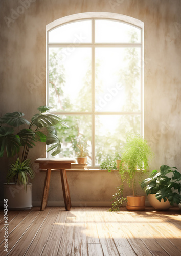 Generative AI  modern room with wooden table and home plants  top view  sunlight  window  background   empty space for advertising goods  food  creativity  dining table  office  workplace  layout  eco