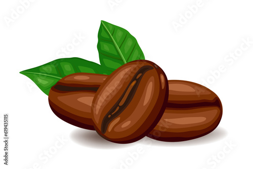 Freshly roasted coffee beans with leaves isolated on white background.Vector eps 10.