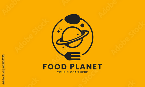 Food planet logo for restaurant, food court, cafeteria, and shop. Fork and spoon round a planet isolated with yellow background