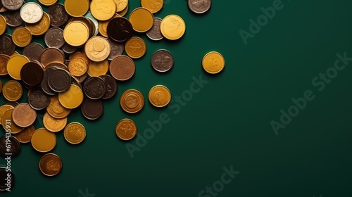 Different coins on solid color bakcground  flat lay