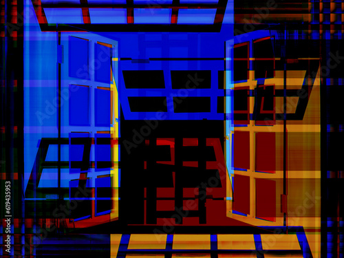 Abstract background in red and blue, with a spectacular rhythm and inserts. Surrealistic image in a modern style. For your art projects and works.