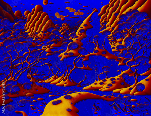 Abstract background in red and blue, with a spectacular rhythm and inserts. Surrealistic image in a modern style. For your art projects and works.