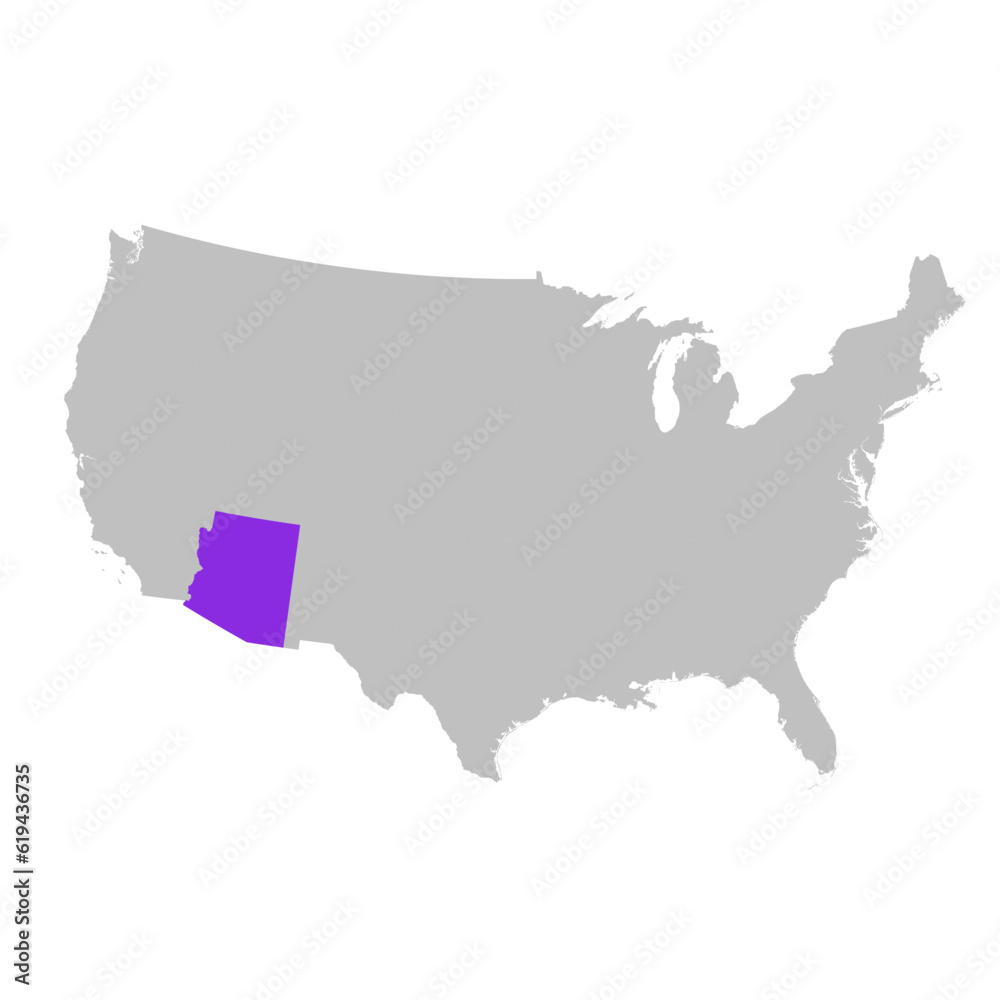 Vector map of the state of Arizona highlighted highlighted in purple on map of United States of America.