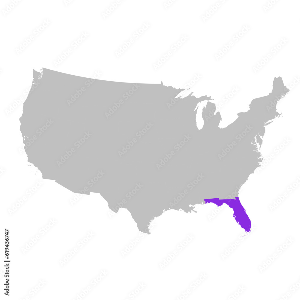 Vector map of the state of Florida highlighted highlighted in purple on map of United States of America. Vector map of the state of Florida highlighted highlighted in purple on map of United States of America.