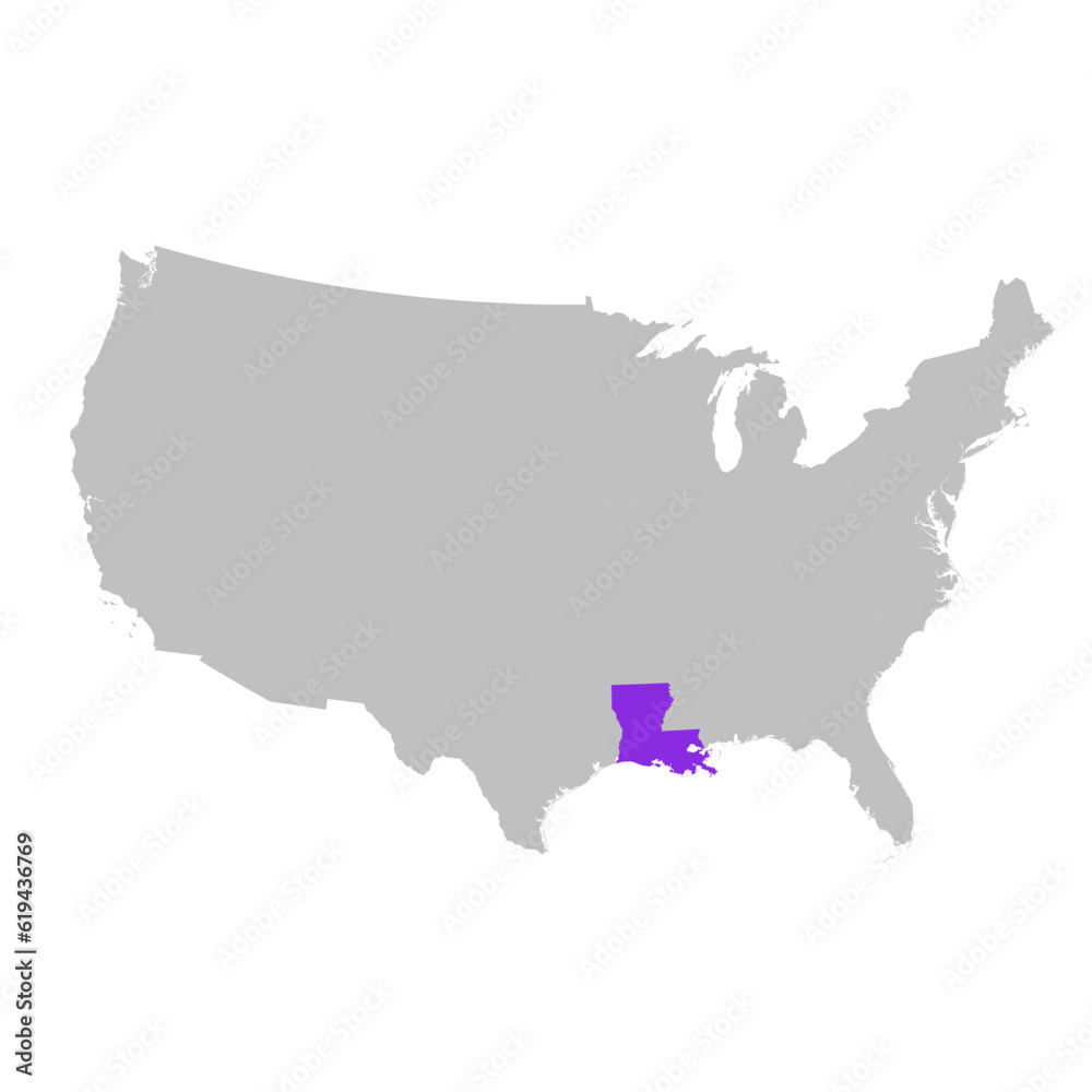 Vector map of the state of Louisiana highlighted highlighted in purple on map of United States of America.
