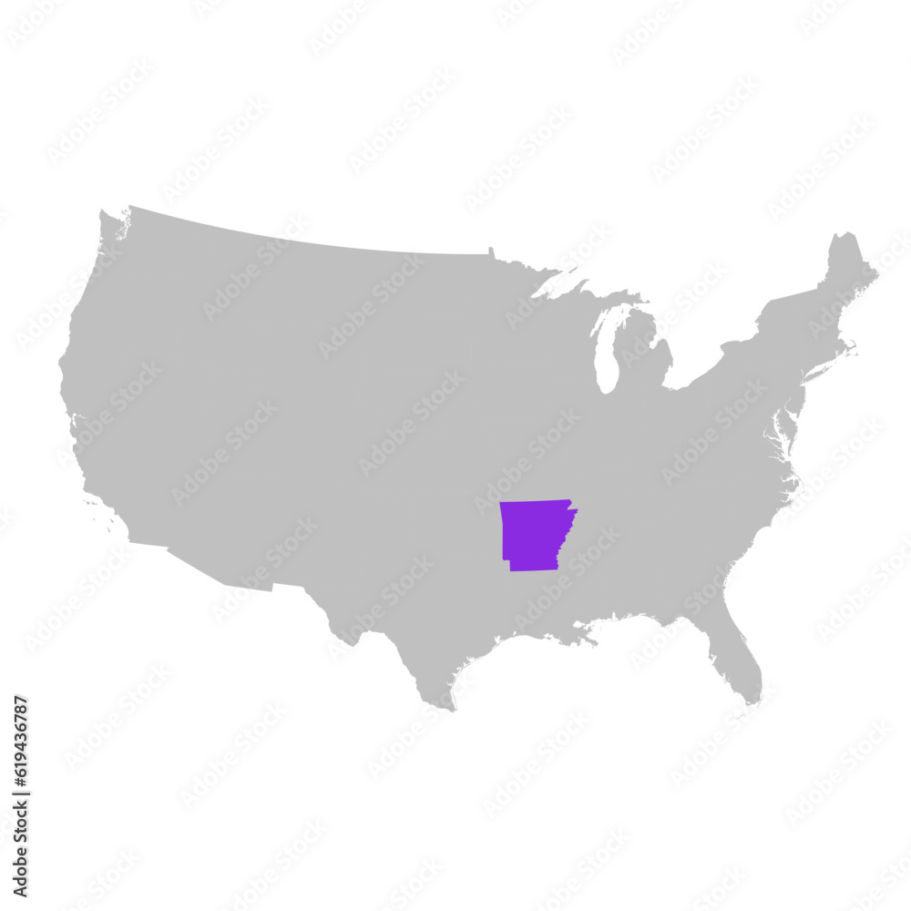 Vector map of the state of Arkansas highlighted highlighted in purple on map of United States of America. Vector map of the state of Arkansas highlighted highlighted in purple on map of United States of America.